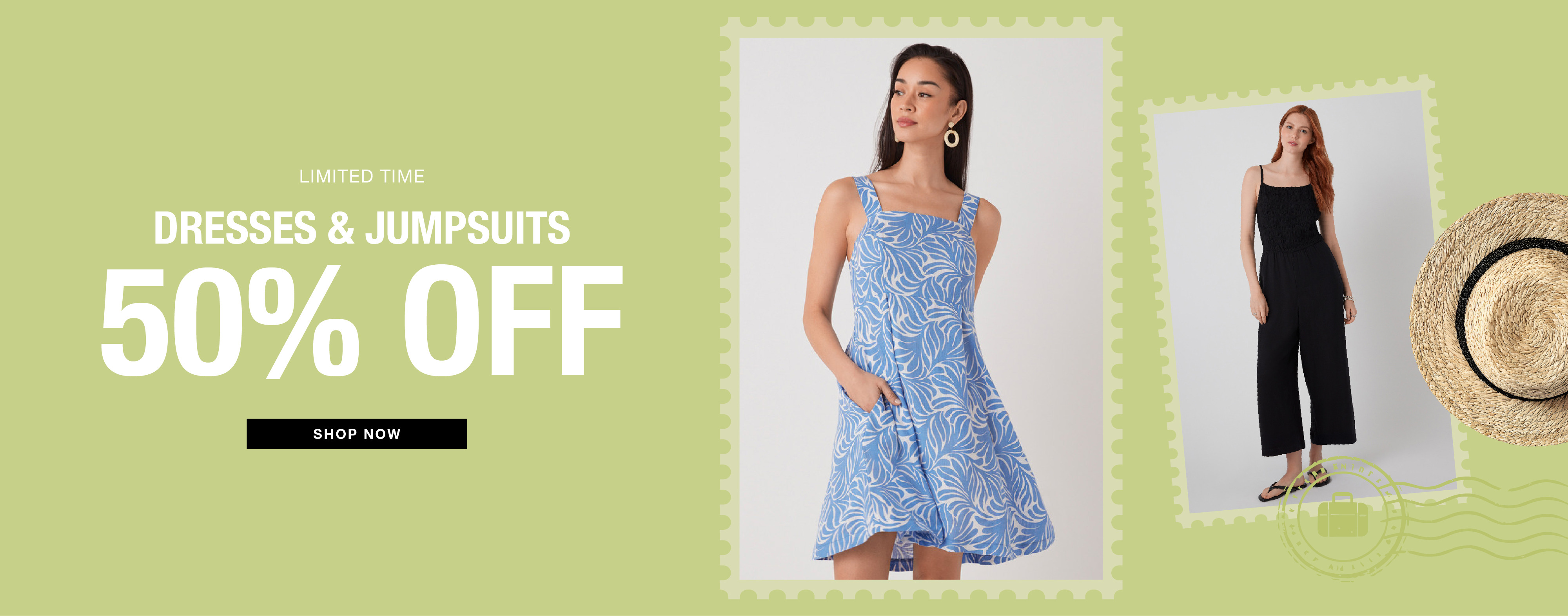 Discount on dresses and jumpsuits, featuring two models and promotional text: 50% off dresses & jumpsuits