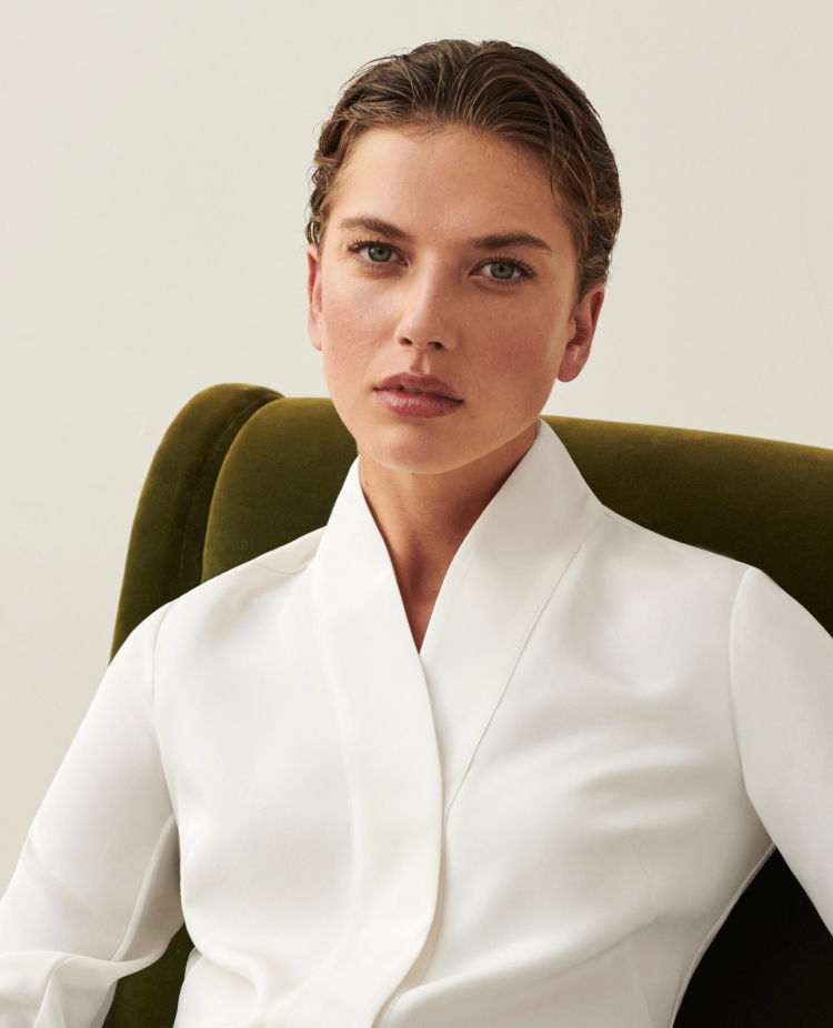 Model wears Bowery silk blouse