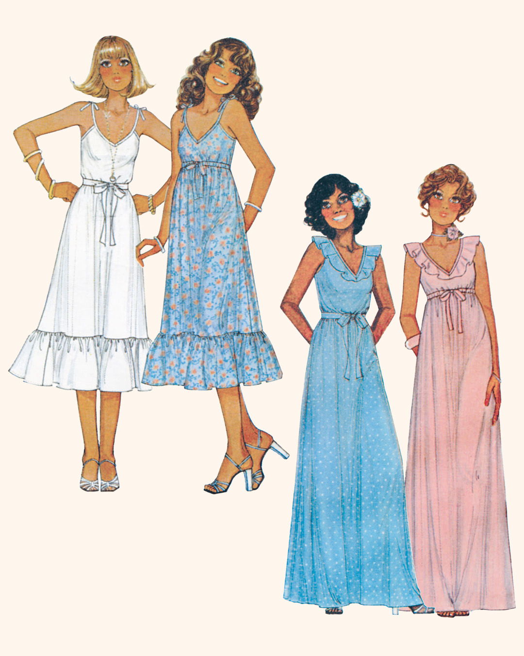 Four fashionable women in stylish dresses.