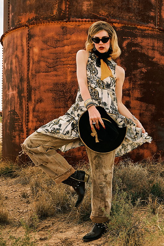Lozzie wearing the Petrol Plaid Tunic Dress with Vintage Carhartt's and Double D Ranch Jewelry and Accessories