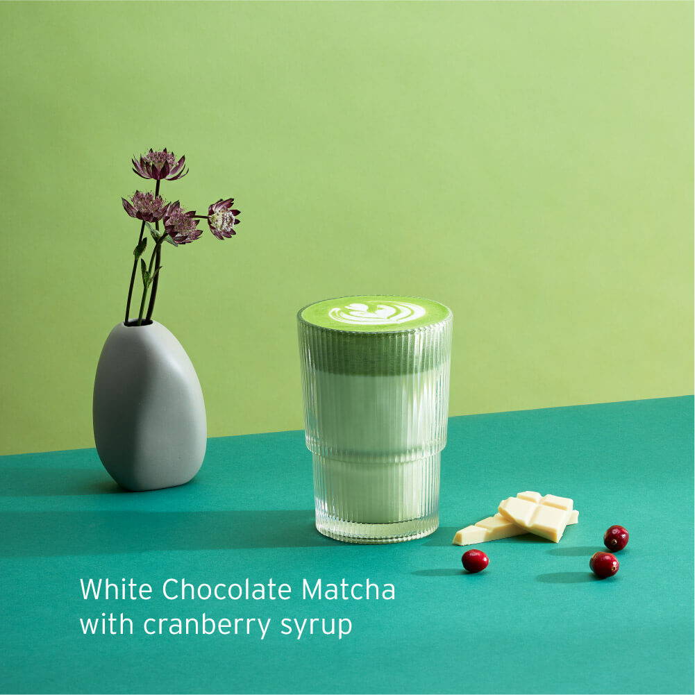 Try our seasonal feature - White Chocolate Matcha with cranberry syrup