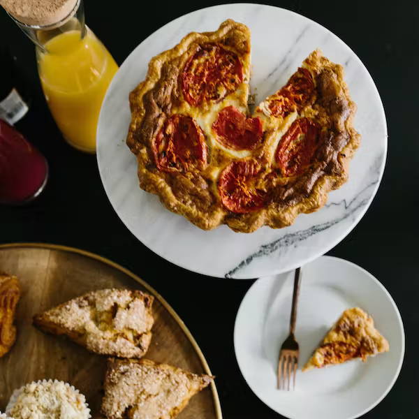 roasted tomato quiche and pastries