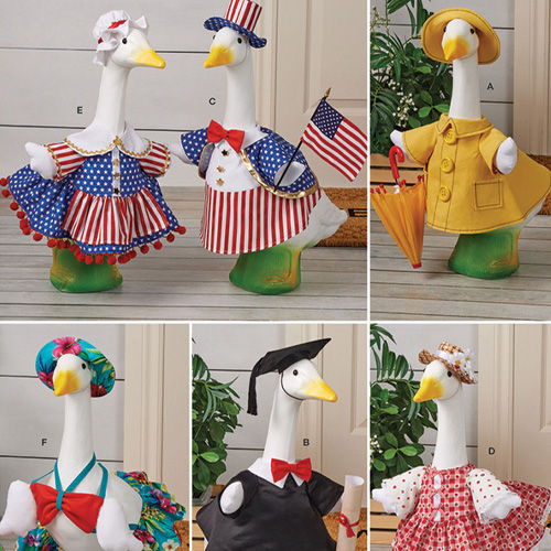 Decorative geese figurines in various outfits for different occasions.