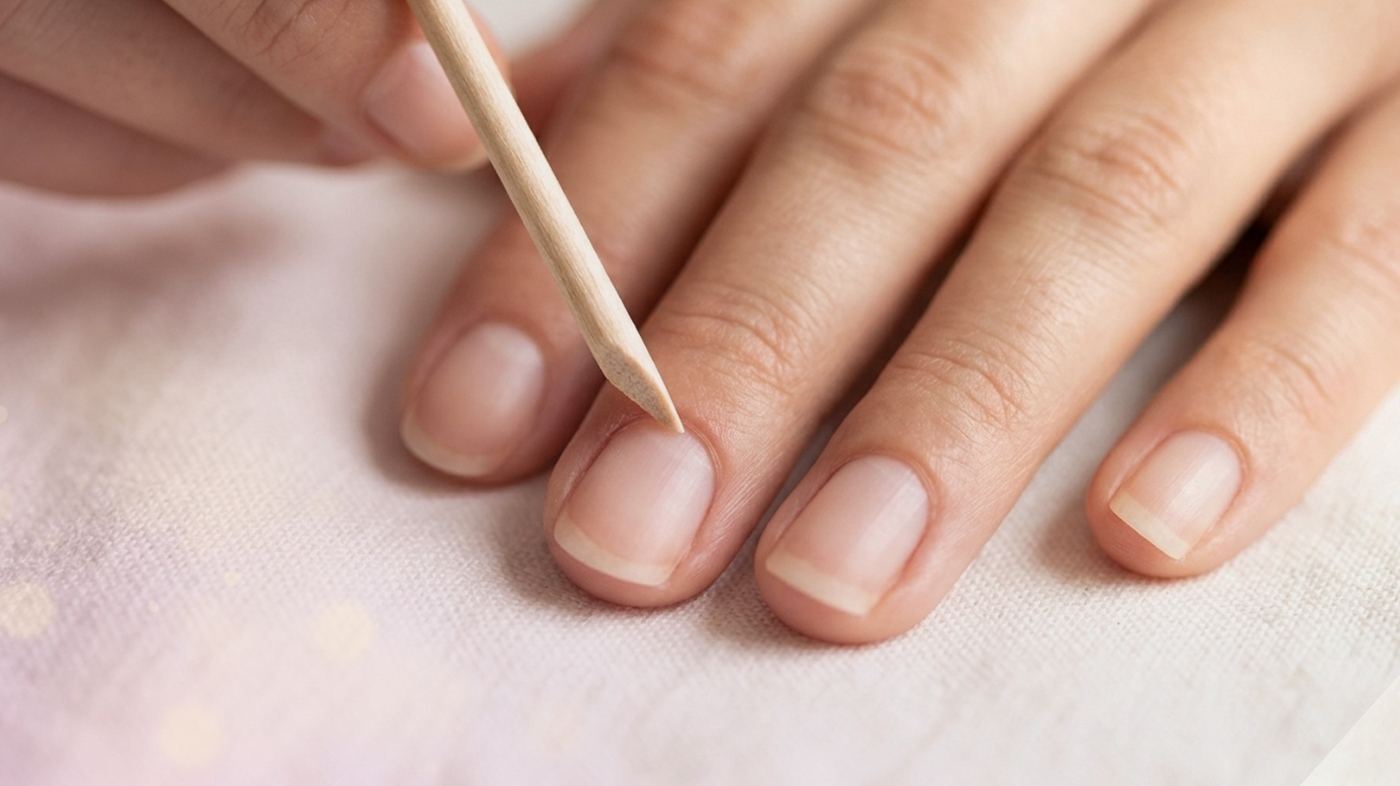 Close-up of a hand using an orangewood cuticle pusher to gently push back cuticles before applying press-on nails