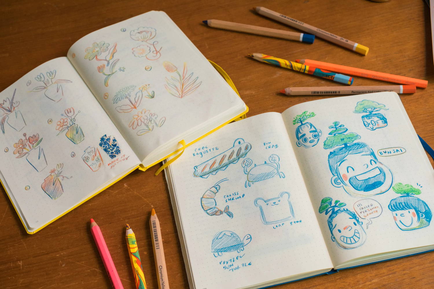 Two open sketchbook featuring colorful illustrations