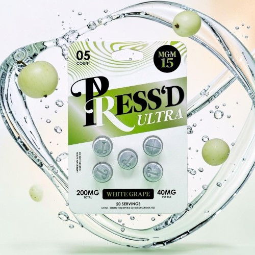 Pack of Press'd Ultra gummies with white grape flavor and dosage information.