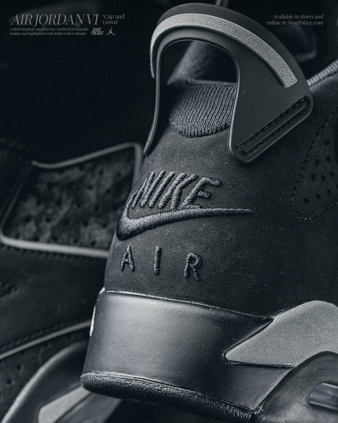 Close-up of black Nike Air shoes.