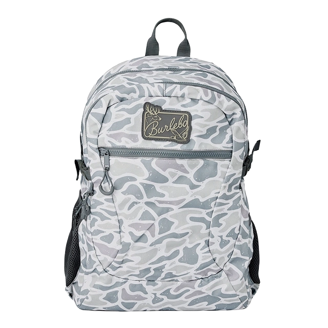 Gray camo-patterned backpack with a front pocket and branded patch.