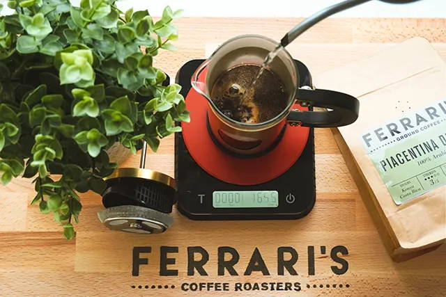Ferrari's Coffee, French Press Brewing Guide, Step 3: Pour&Bloom Coffee