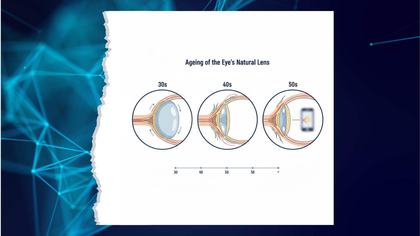  Illustration showing how the eye’s natural lens stiffens with age, causing presbyopia.