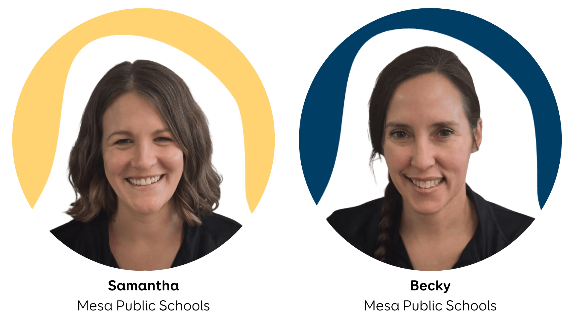 Two smiling women in circular frames, each with a different background color.
