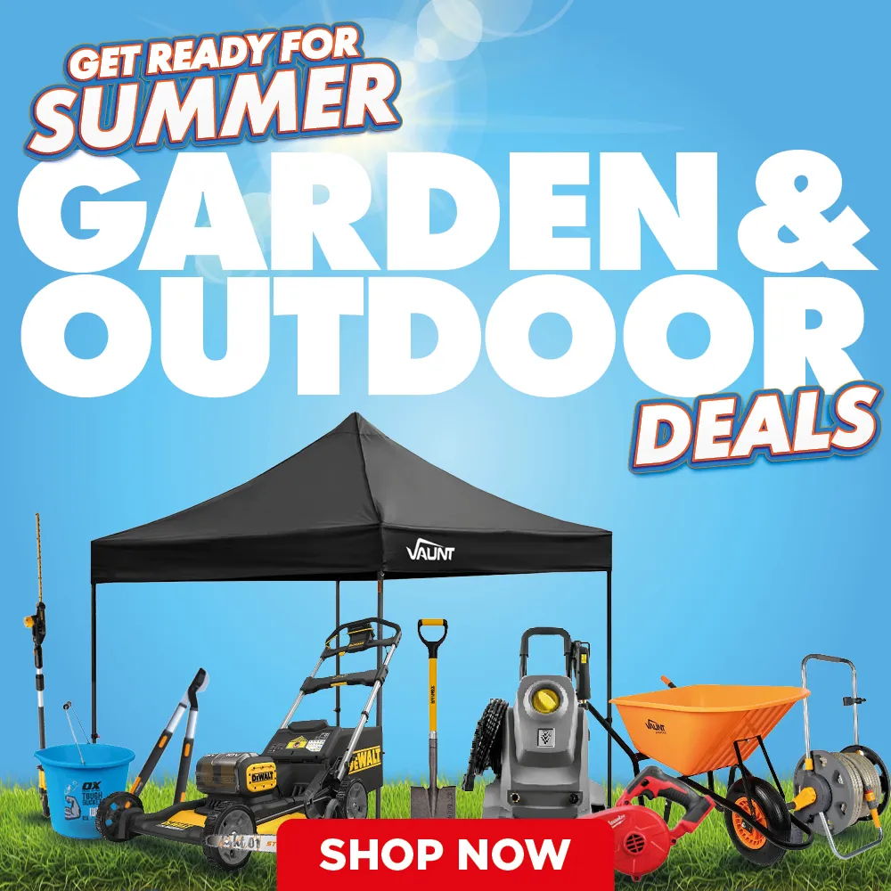 Summer garden and outdoor deals promotional banner with equipment and shop now button.