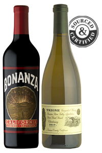 Two wine bottles: Bonanza red and Trione white, with certification seal.
