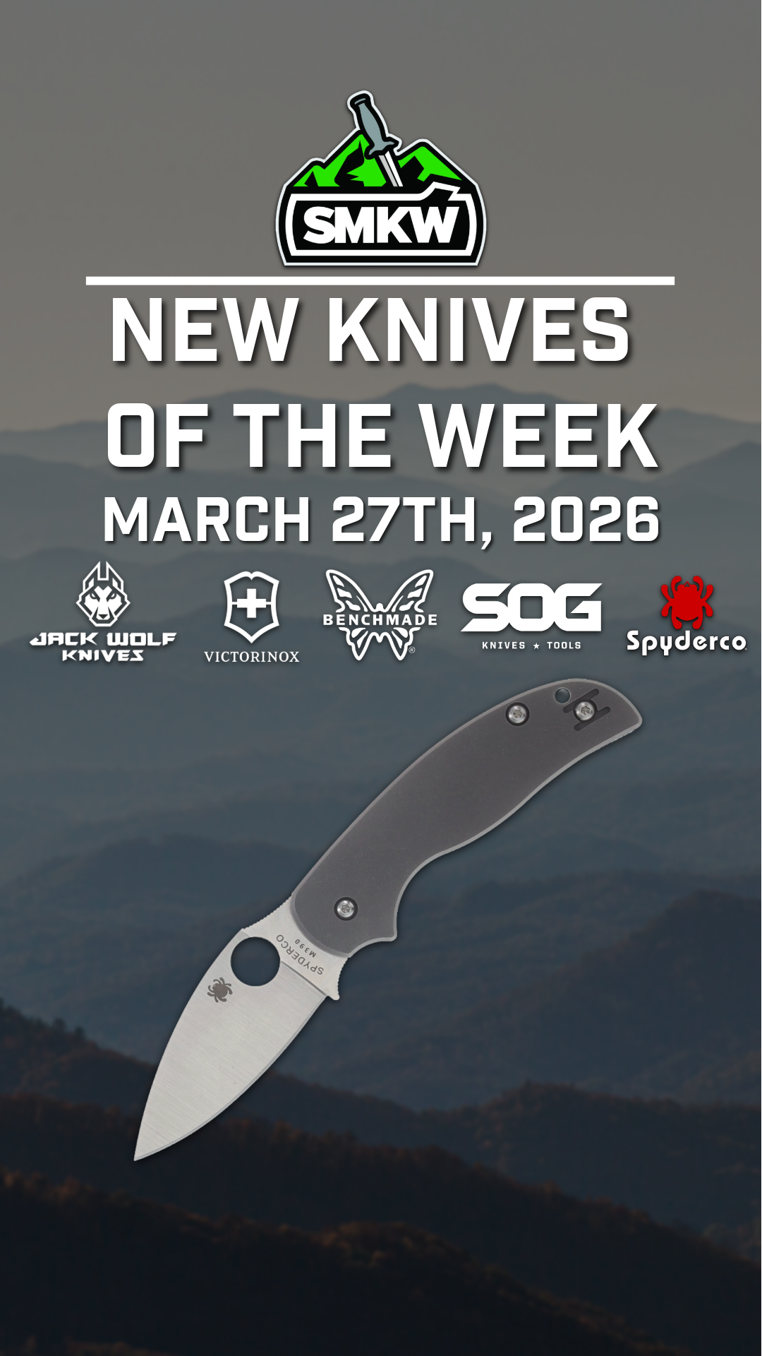 Promotional image for new knives, featuring various brands and a release date.