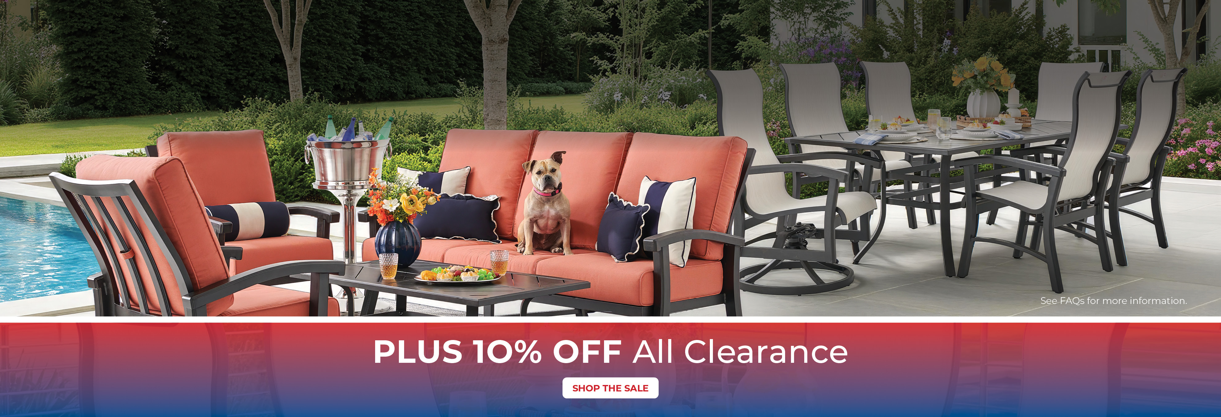 Outdoor furniture set by a pool with promotional text.