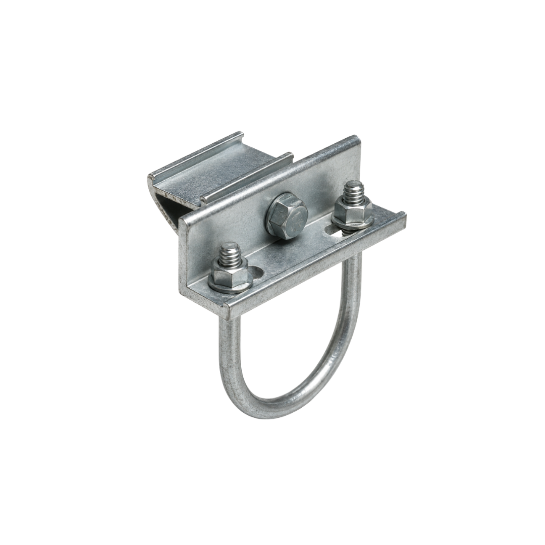 Metal bracket with a loop and mounting hardware for installation.