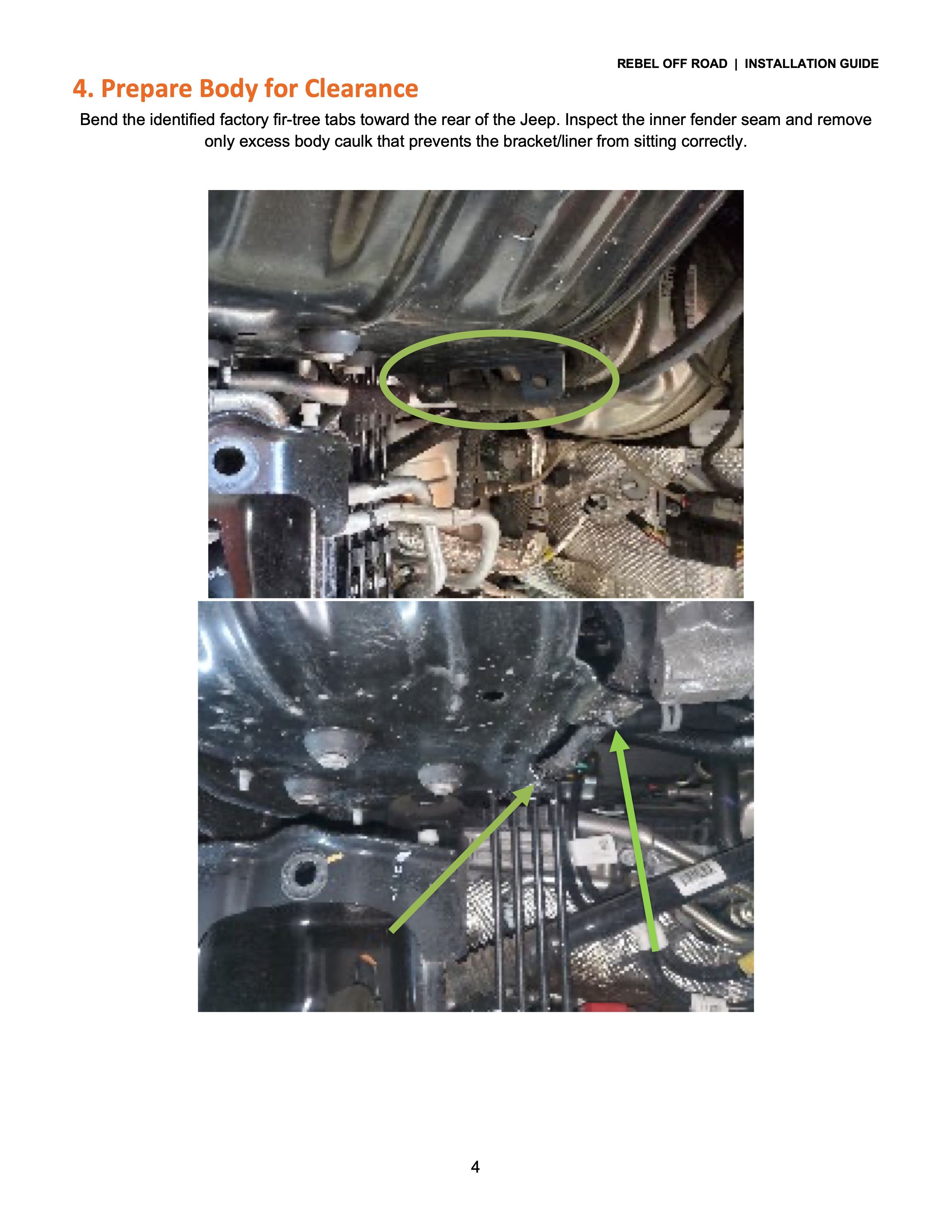 Instructions for preparing vehicle body for clearance with highlighted components.