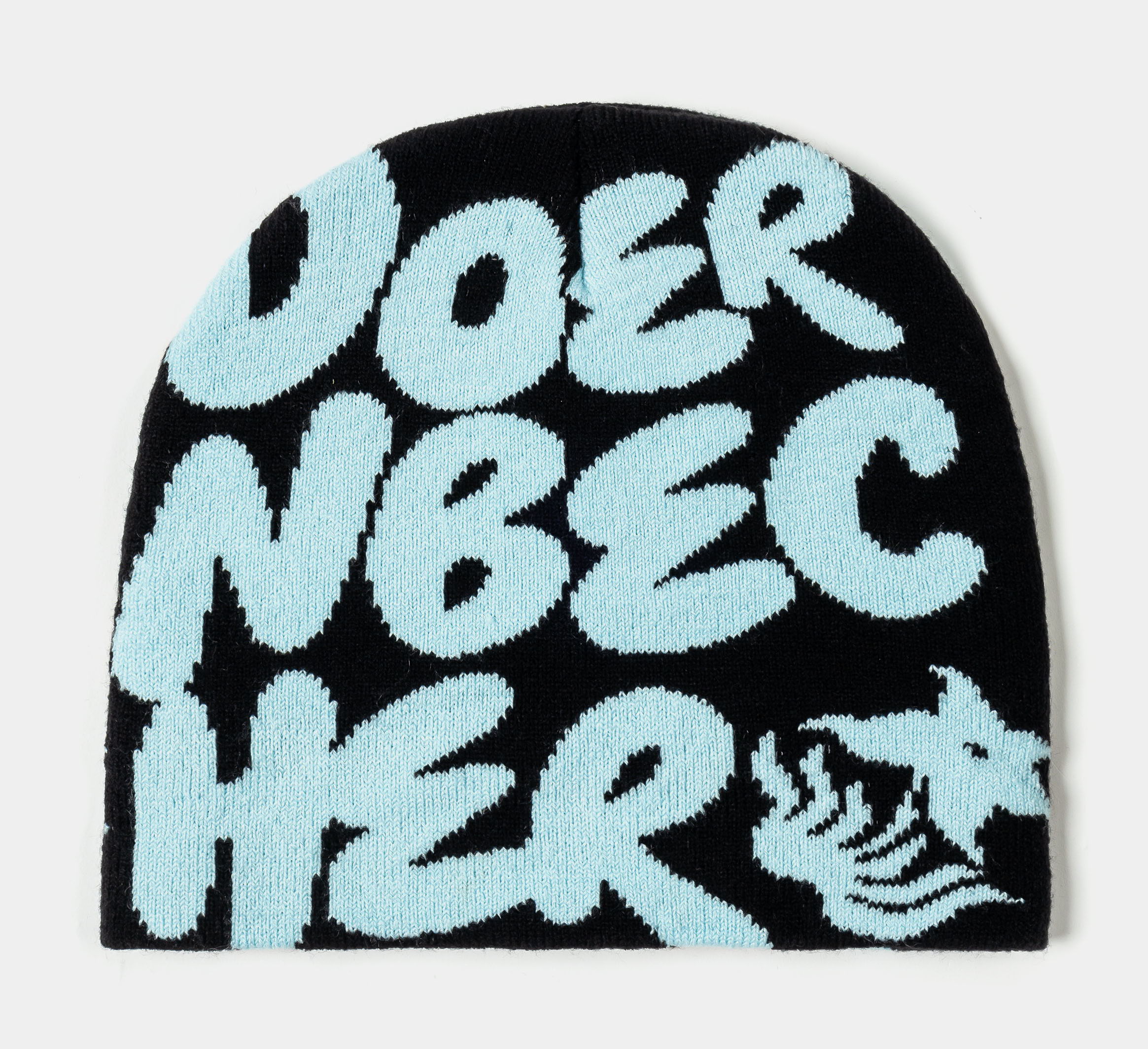 Black beanie with light blue text 