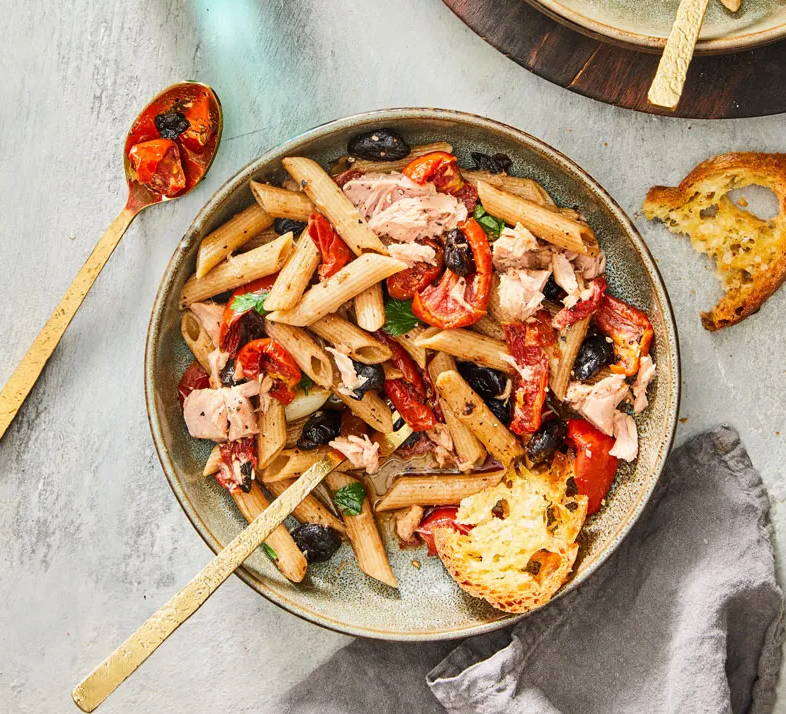 Mediterranean Penne With Tuna, Olives & Roasted Tomatoes