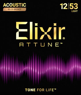 Elixir Attune acoustic guitar strings packaging with purple sound wave graphic.