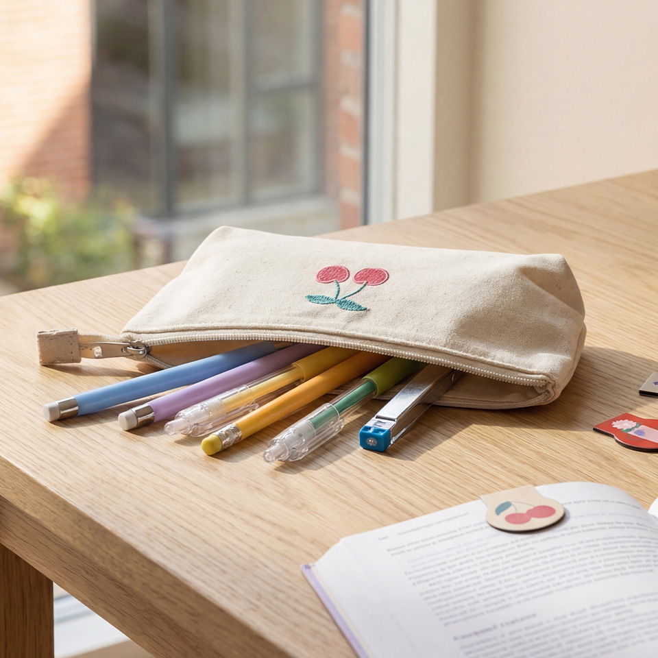 A pencil case with colorful pens on a wooden table.