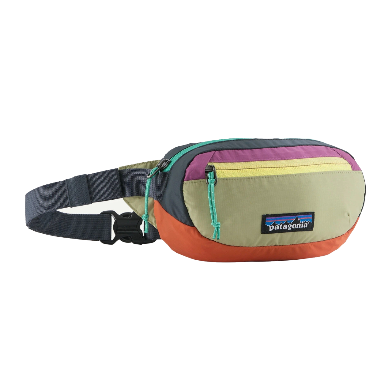Colorful fanny pack with multiple zippered pockets and adjustable strap.