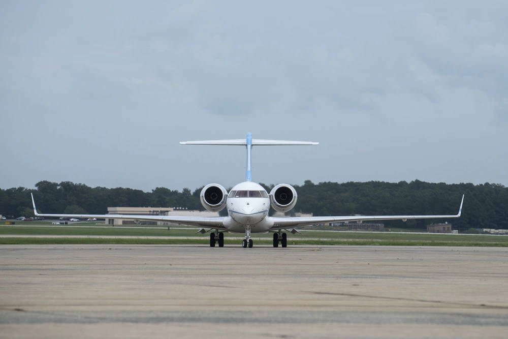 A Bombardier BD-700 Global Express, transporting President of Botswana Mokgweetsi Masisi, arrives at Joint Base Andrews, Md., Sept. 25, 2018. The 89th Airlift Wing provides safe and reliable worldwide airlift and logistical support for high-level U.S. and foreign government officials. (U.S. Air Force Photo/Tech. Sgt. Robert Cloys)