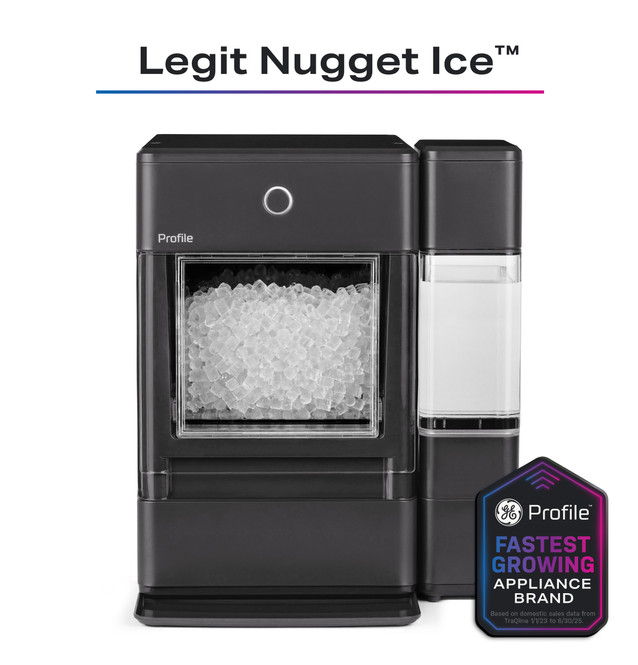 Ice maker producing nugget ice with branding and features highlighted.