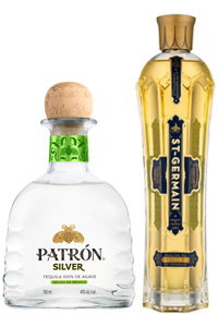 Two bottles: Patrón Silver tequila and St-Germain elderflower liqueur.