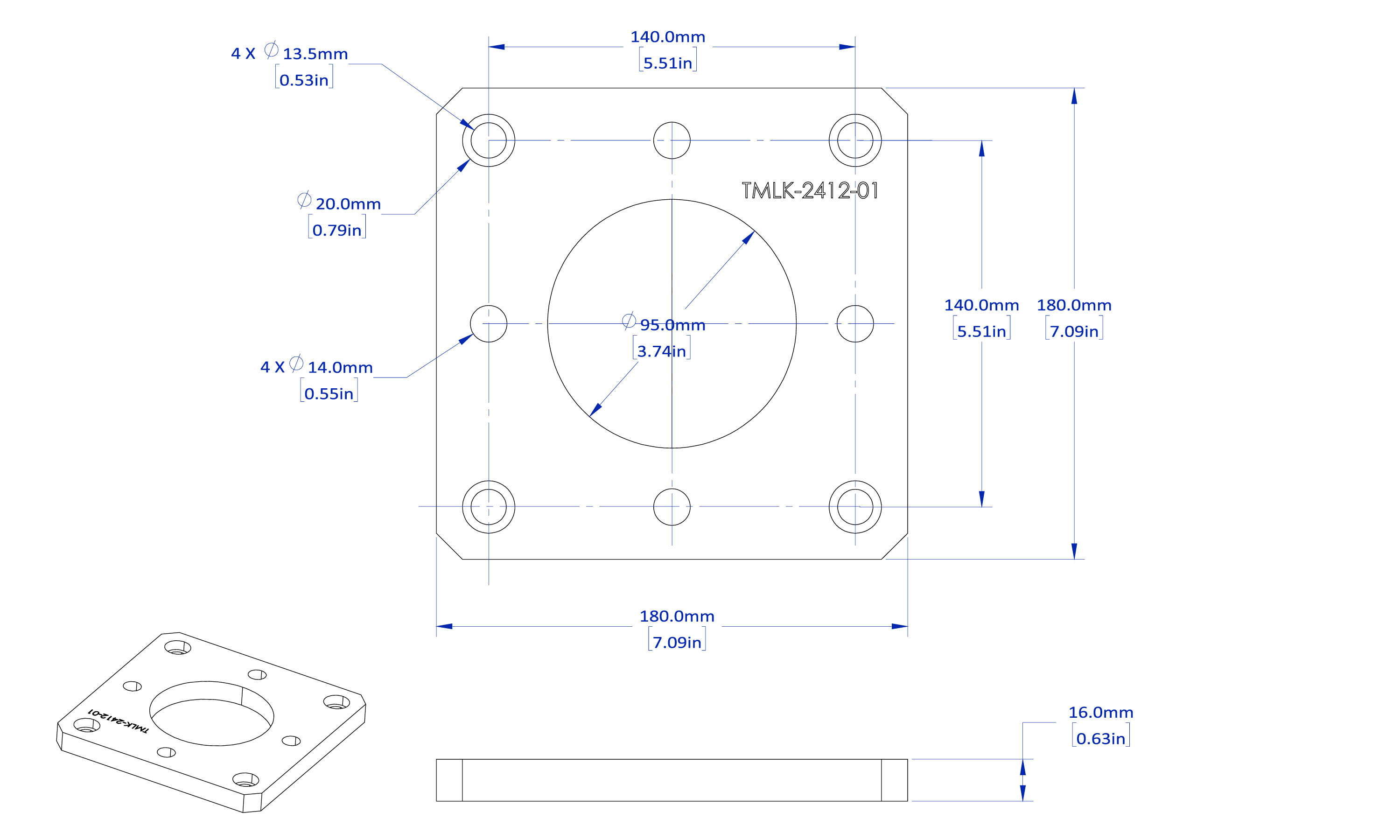 Mechanical drawing of a square plate with dimensions and mounting details.