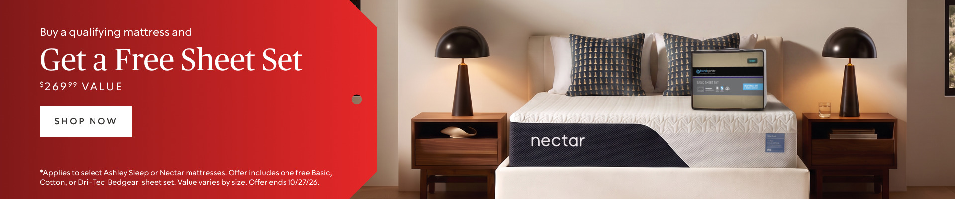 Get a free Bedgear sheet set valued at $269.99 with a qualifying Stearns & Foster mattress purchase.