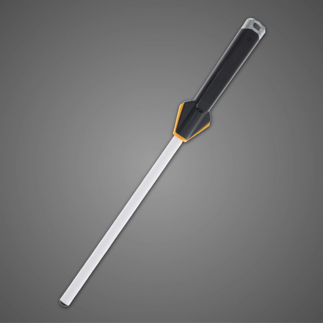 A long, flat tool with a black handle and a silver blade.