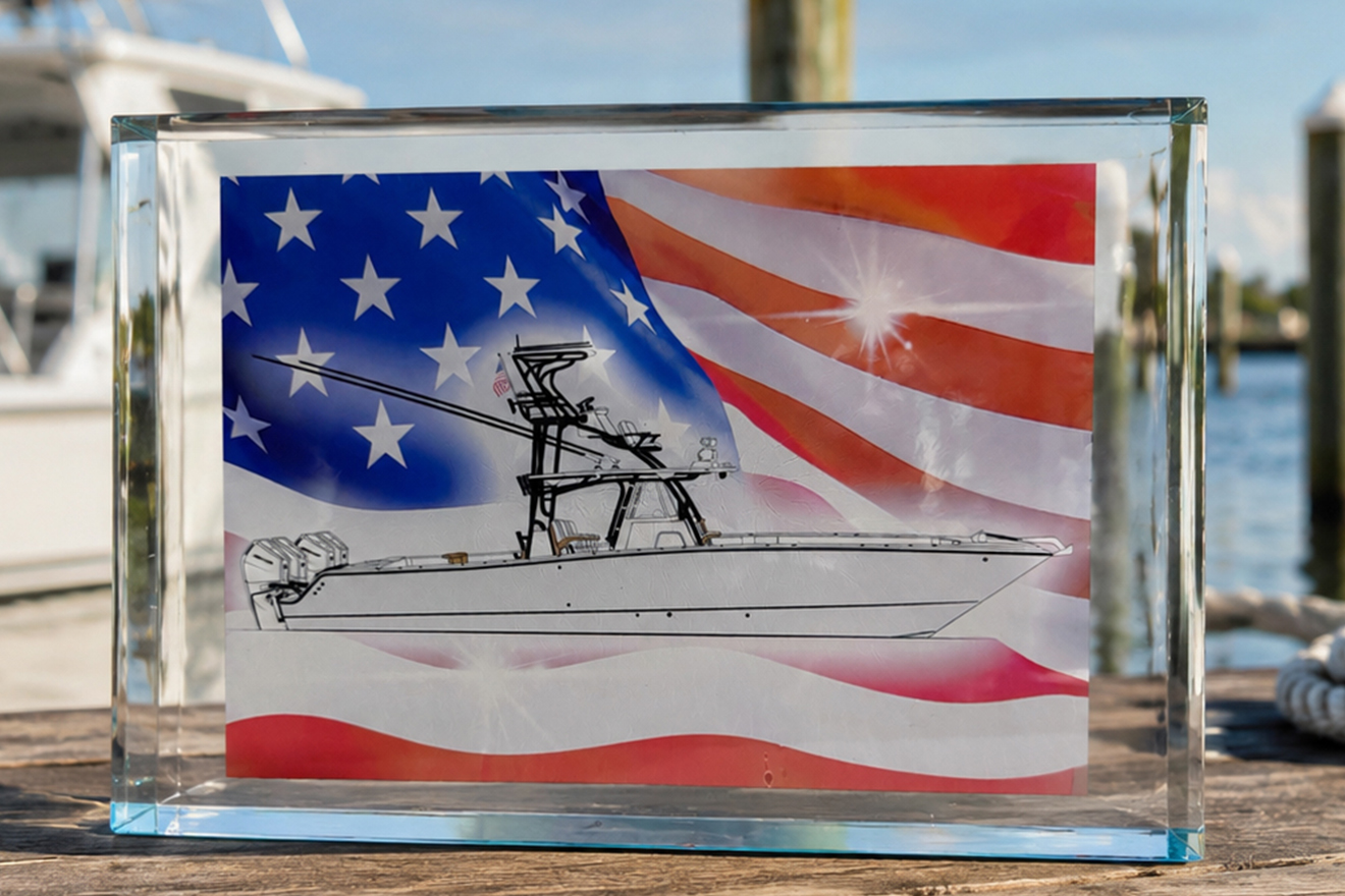 Custom acrylic boat art block featuring a minimalist center console boat illustration layered over a waving American flag background, displayed on a marina dock with soft coastal lighting and nautical surroundings.
