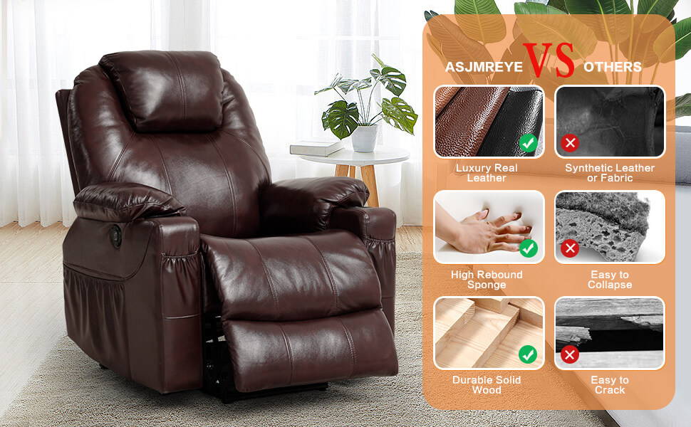 ASJMREYE 3-Positionen-Powerlift-Liegestuhl aus echtem Leder mit Massage und Wärme für ältere Menschen