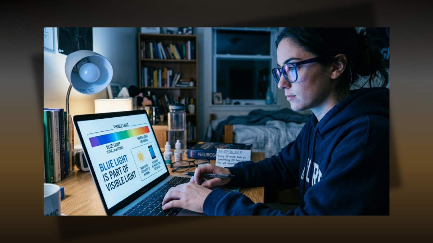 Student wearing blue-light glasses reducing screen strain while working on a computer at night
