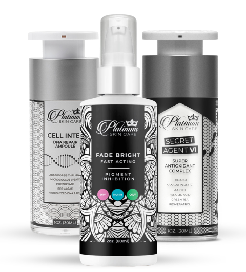 Three skincare product bottles with labels.