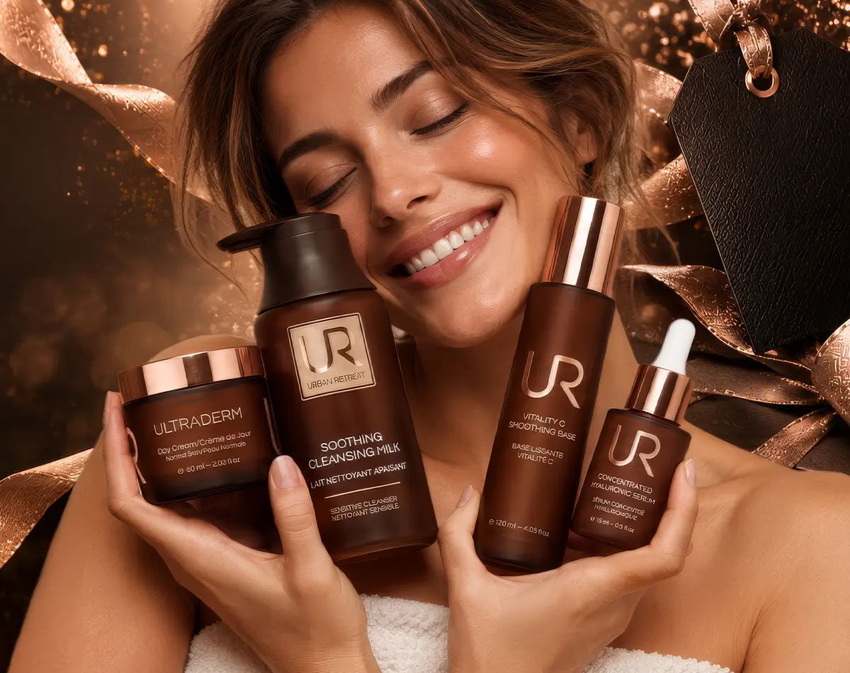 Smiling woman holding skincare products with a warm background.