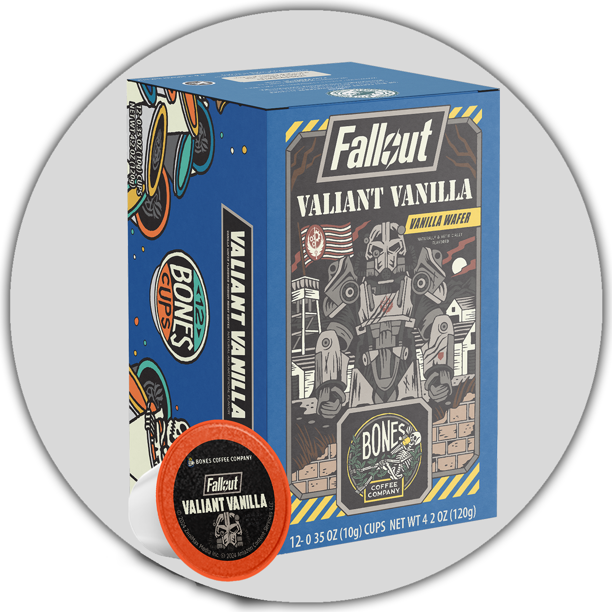A box of Bones Cups flavored coffee inspired by Fallout named Valiant Vanilla. Its flavor is vanilla wafer. On the art is Maximus in a power suit from the Fallout show. A light gray circle is behind it.