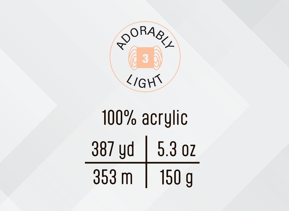 Label for Adorably Light yarn: 100% acrylic, 387 yd, 5.3 oz, 353 m, 150 g.