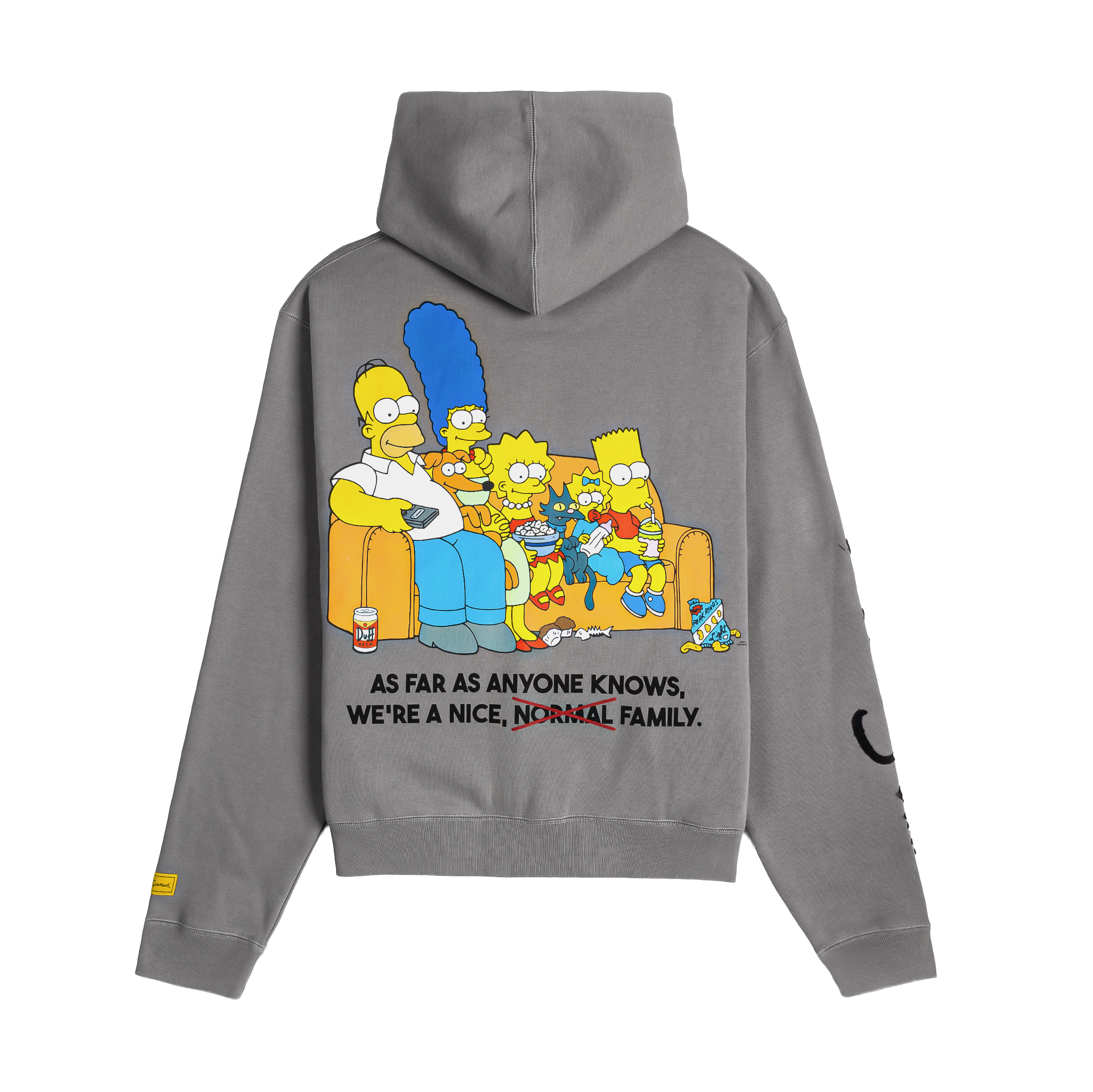 Gray zip-up hoodie with colorful cartoon character and text design.