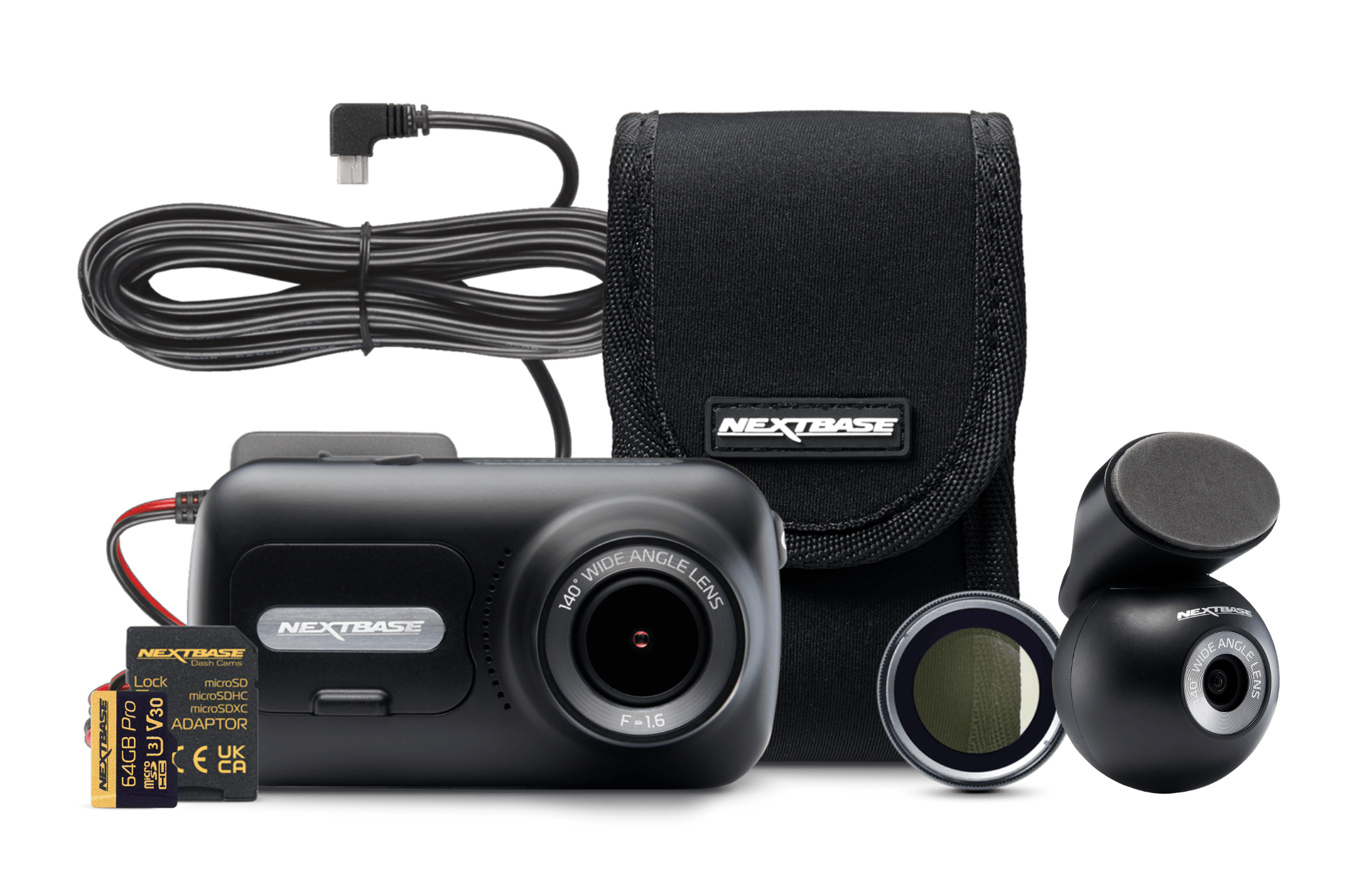 Camera with accessories including a case, lens, and connection cable.