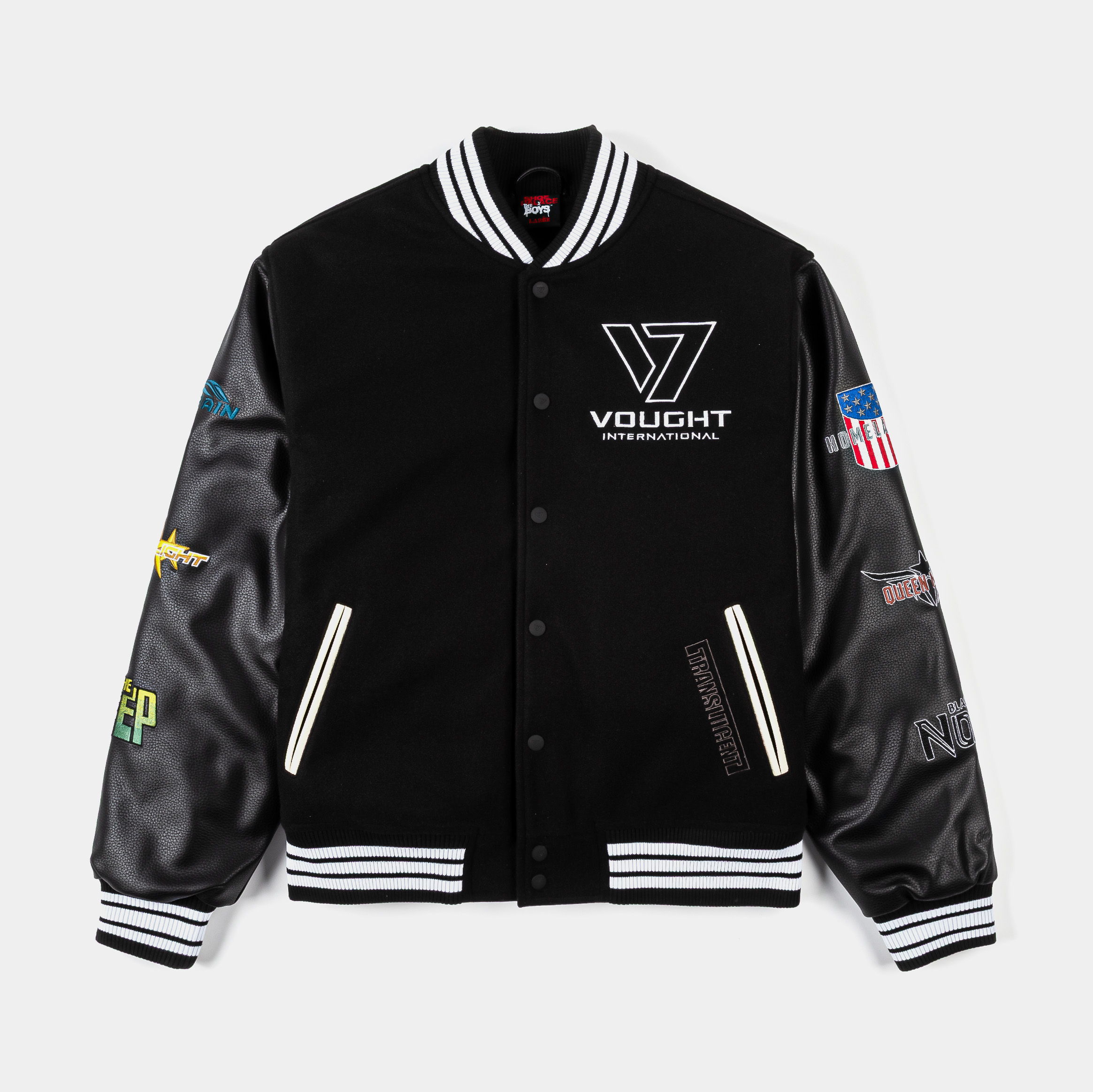 Black varsity jacket with embroidered logos and striped cuffs.