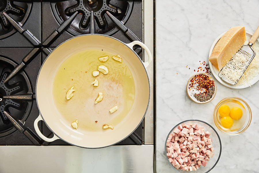 Garlic cooking in pan