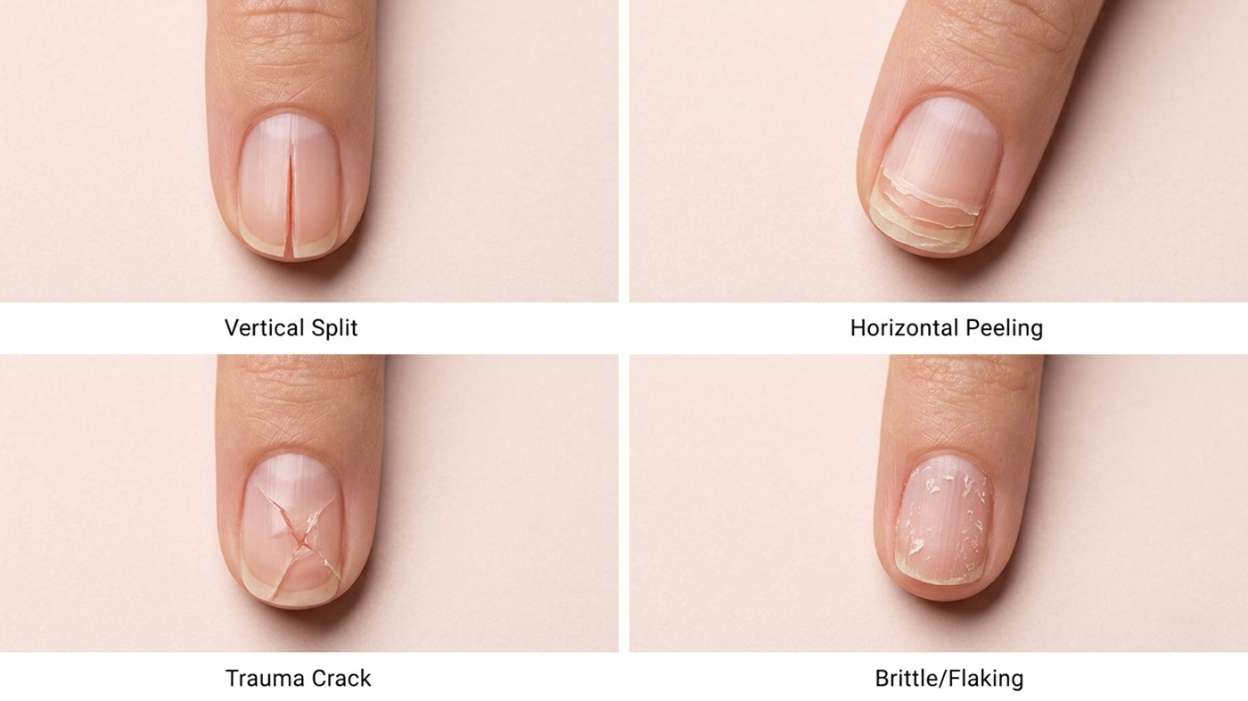four types of split nails illustrated — vertical split, horizontal peeling, trauma crack, and brittle flaking nail