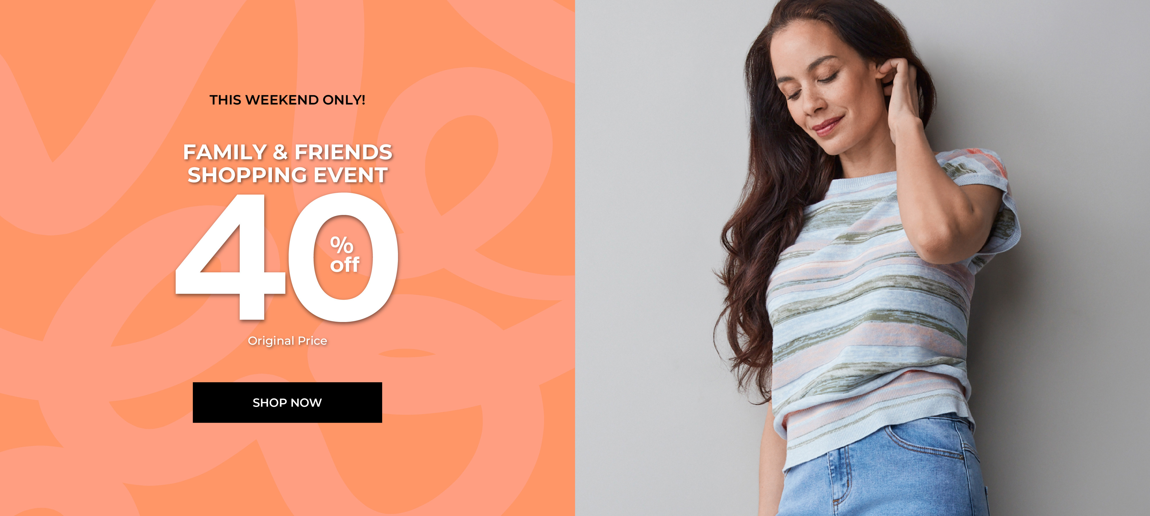 Woman in casual attire with a promotional discount of 40%.