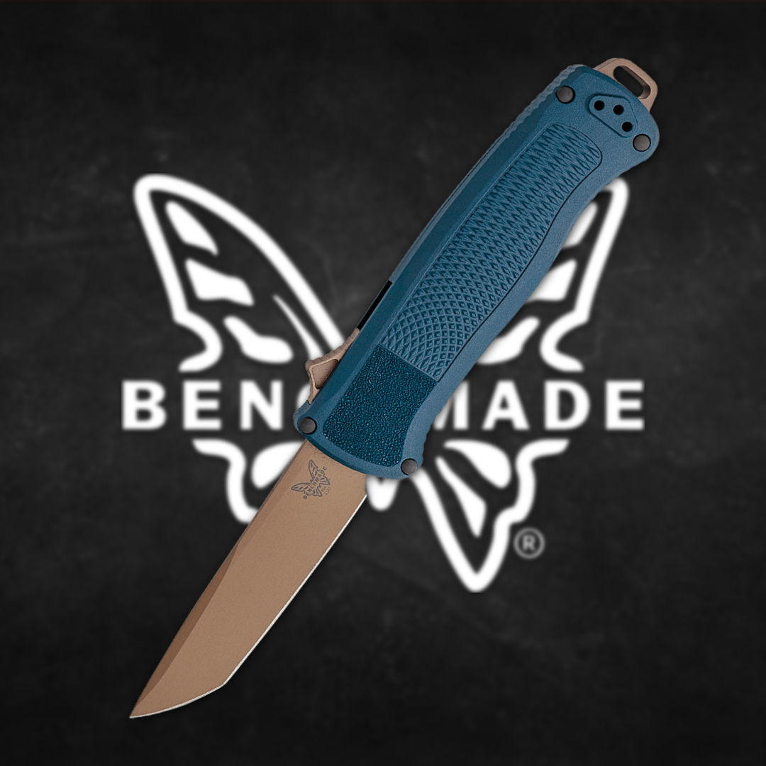 Blue folding knife in front of Benchmade logo on black background.
