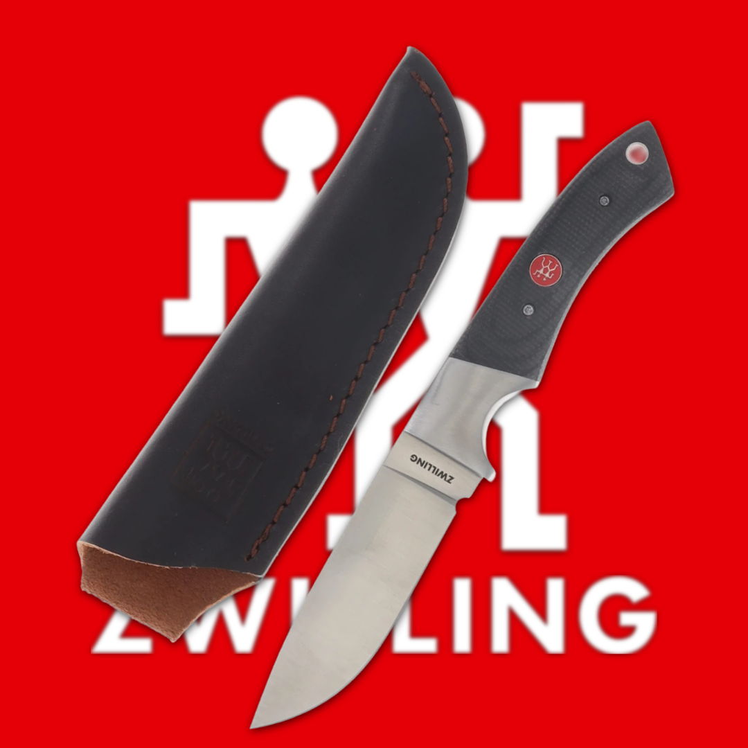 Knife with sheath on a red background featuring a logo.