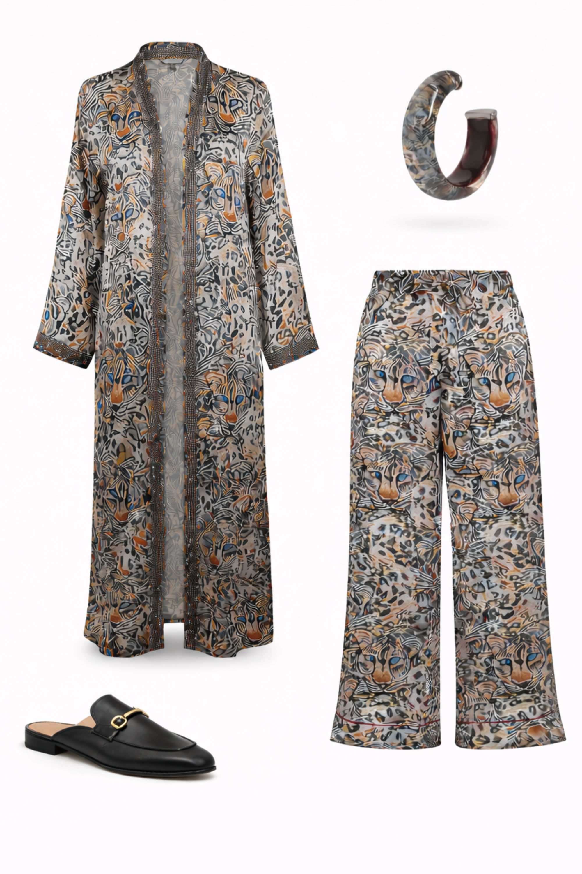 Floral-patterned robe, matching pants, black shoes, and a bracelet displayed together.