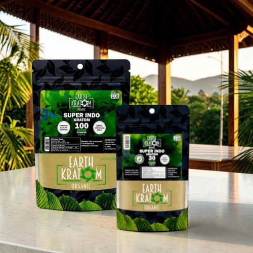 Two bags of kratom displayed on a table outdoors.