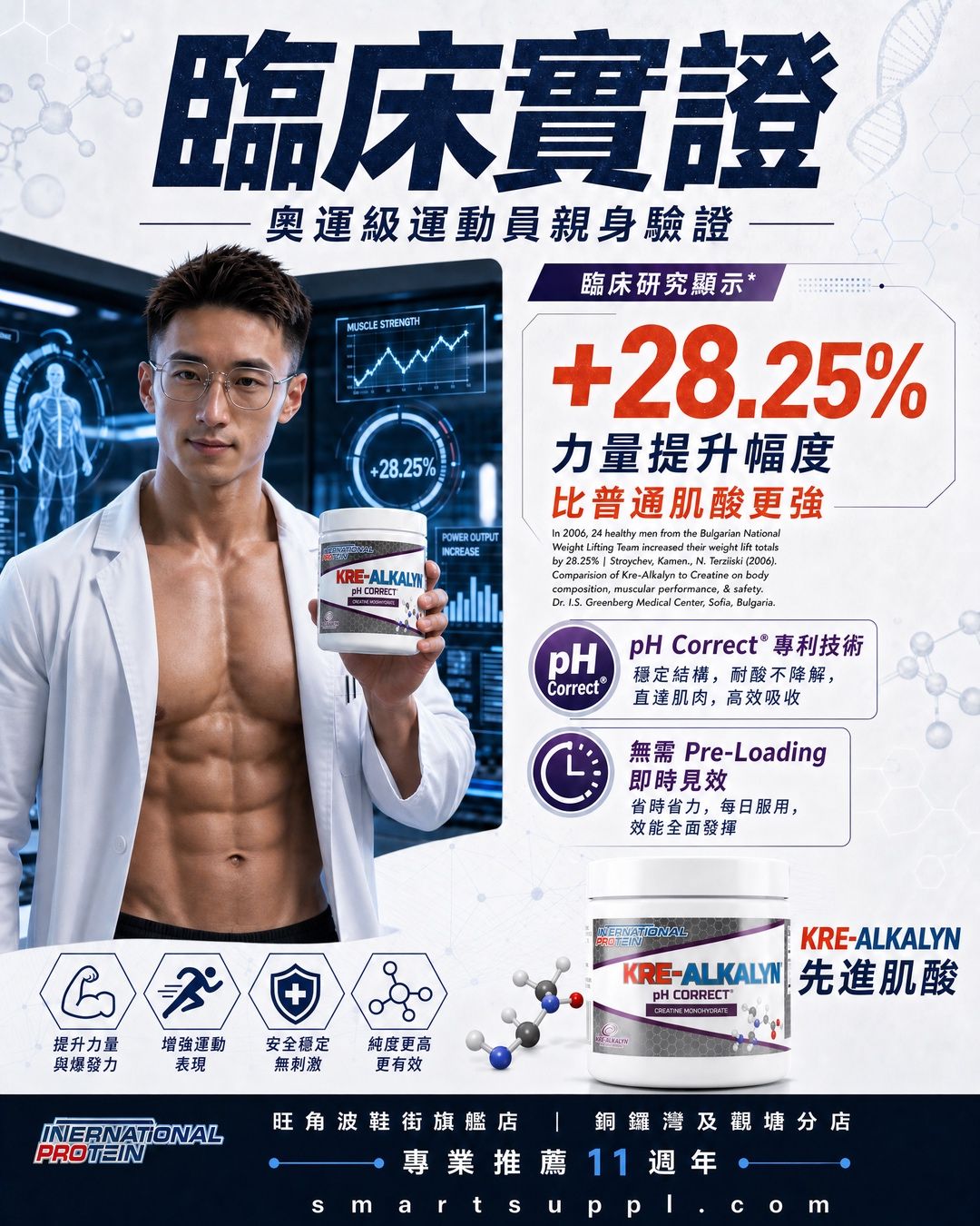 Fitness advertisement featuring a muscular man holding a supplement container.